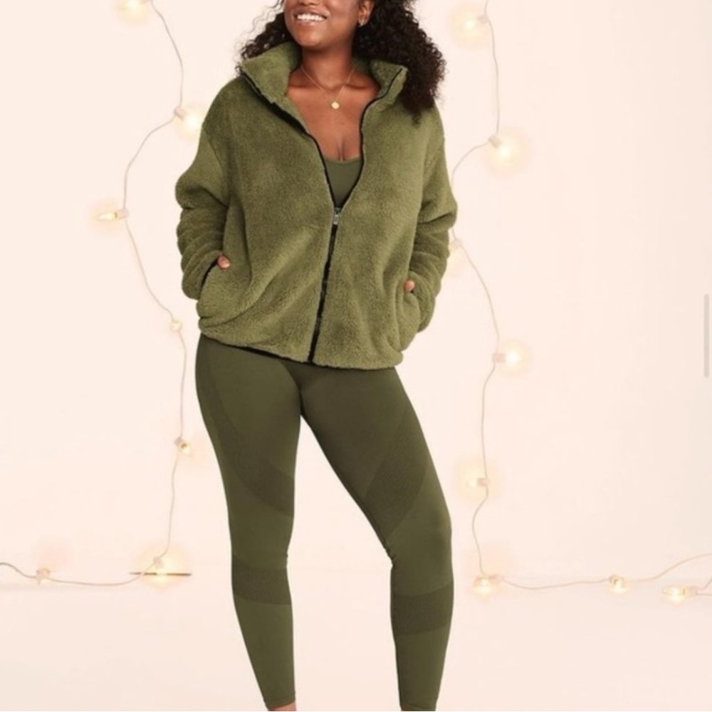 PINK Victoria’s Secret Soft Teddy Fleece Zip Front Sherpa Jacket Hoodie Green S